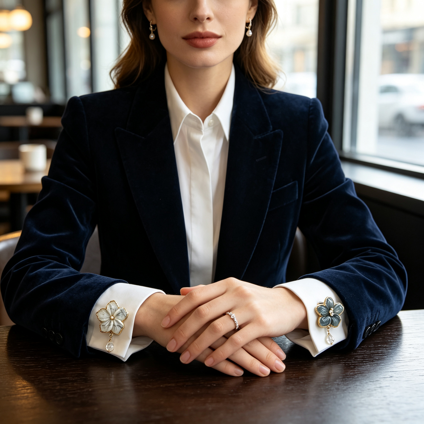 Duo-Tone Floral Crystal Drop Cufflinks (White & Slate)