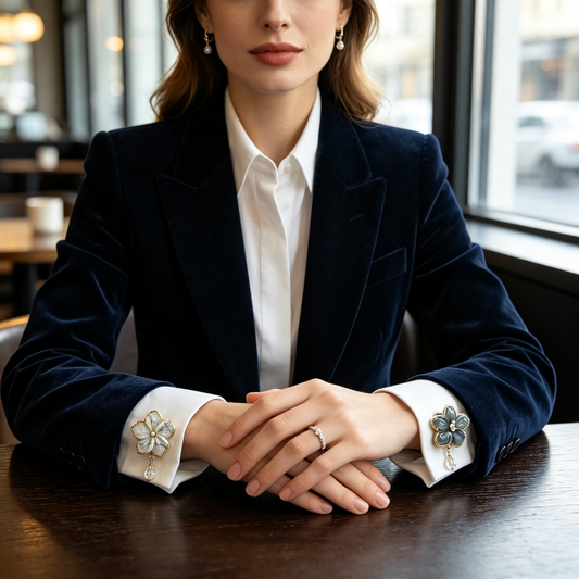 Duo-Tone Floral Crystal Drop Cufflinks (White & Slate)