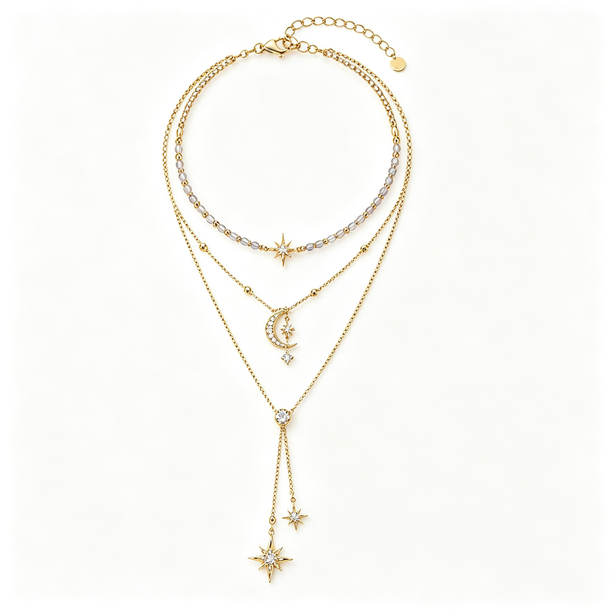 Opal Moon Starburst Triple Layer Gold Necklace